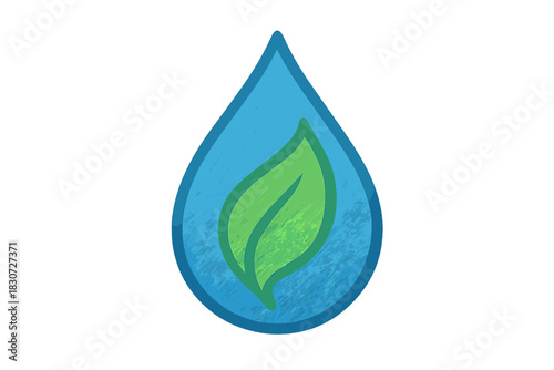 Blue water drop icon with a green leaf symbolizing nature, ecology, and environmental conservation