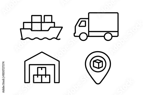 Outline icons set for global shipping, warehouse storage, and delivery tracking