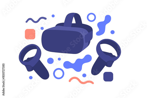 Modern virtual reality headset and controllers surrounded by abstract geometric shapes and fluid elements