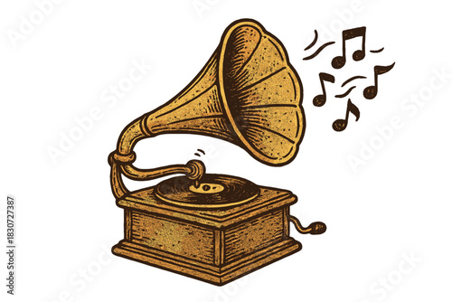 Classic vintage gramophone playing musical notes with a textured retro woodcut design