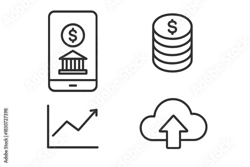 Essential business and finance icons set featuring mobile banking, stacked coins, growth chart, and cloud upload