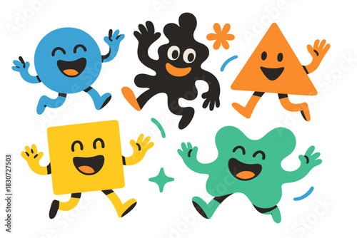 Playful set of five abstract geometric characters in motion
