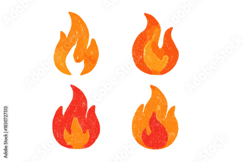 Collection of four stylized fire flame icons featuring a vibrant crayon texture