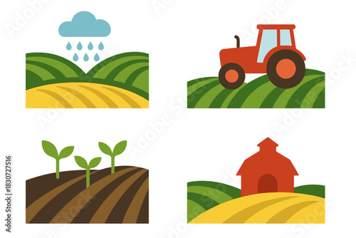 Tractor, barn, growing plants, and rain over cultivated agricultural fields