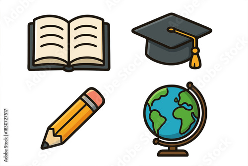 Academic symbols set: open book, graduation cap, pencil, and world globe icons