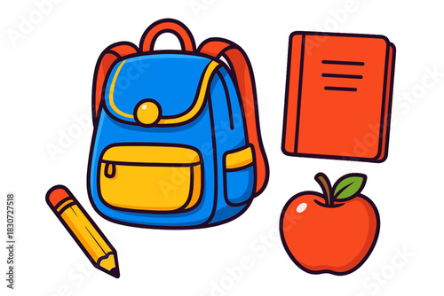 Set of colorful school supplies including backpack notebook pencil and red