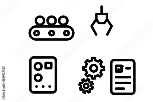 Set of industrial automation symbols showing conveyor belt, robotic claw, control panel, and gears