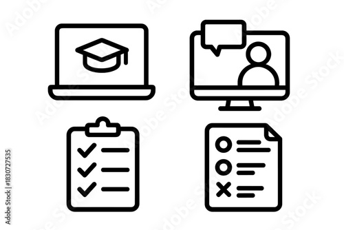 Essential symbols for remote learning, virtual meetings, task management, and academic evaluation