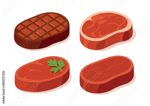 Meat cuts, flat vector illustration with steak, beef, butcher, and grilling
