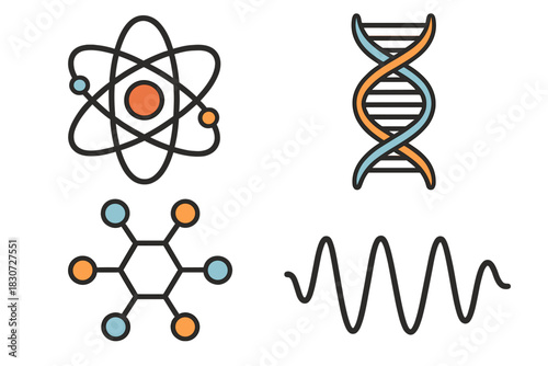 Scientific symbols set: atom structure, DNA helix, chemical molecule, and energy wave