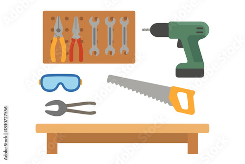 Essential DIY and carpentry tools organized on a workshop bench with a pegboard background