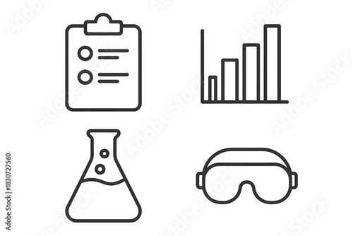 Essential outline icons for scientific research, data analysis, and laboratory safety