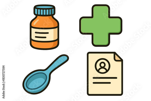 Prescription bottle, dosage spoon, green cross symbol, and patient record for medical use