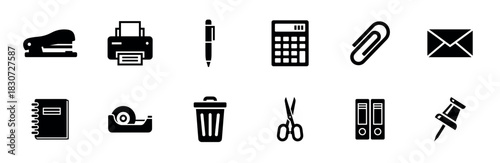 Black office and stationery supply icon set featuring a stapler, printer, calculator, scissors, and pen in a simple minimalist glyph style for business and communication concepts