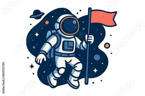 Astronaut spaceman holding a flag in outer space among stars and planets