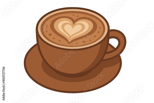 Stylized coffee cup with heart-shaped latte art on a saucer isolated on white