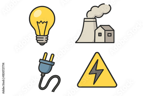 Four essential symbols for electricity, power generation, and energy concepts