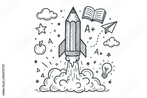 Pencil rocket launching surrounded by school supplies and symbols of academic success and creativity