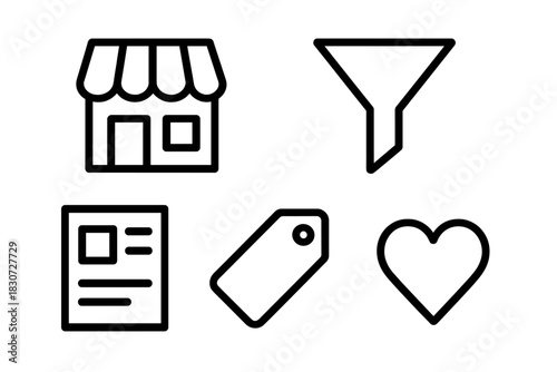 Outline icons for e-commerce and shopping including store, funnel, document, tag, and heart symbols