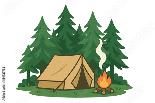 Classic canvas tent and warm campfire nestled among evergreen pine trees