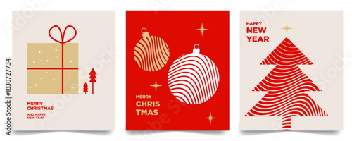 Modern Christmas and New Year vector set featuring minimalist greeting cards with decorative gold gift box, elegant baubles, and abstract red tree design.