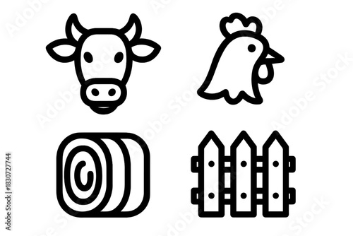 Minimalist black line icons of farm animals, livestock, hay bale, and wooden picket fence