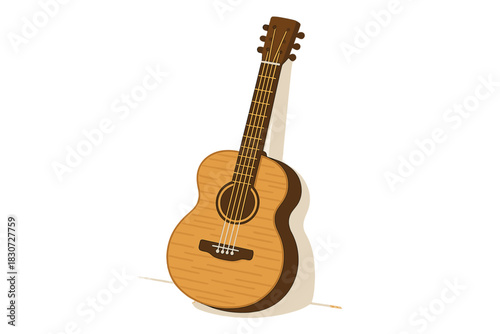 Classic wooden acoustic guitar with six strings leaning against a clean white wall background