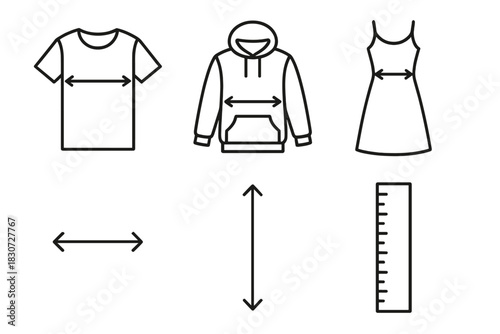 Outline icons for garment sizing and apparel measurements featuring shirt, hooded sweatshirt, and dress