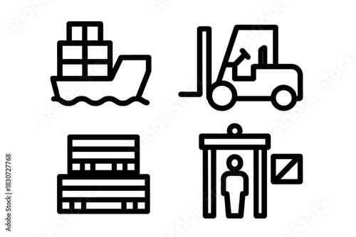 Global logistics and transportation symbols including cargo ship, forklift, boxes, and security checkpoint