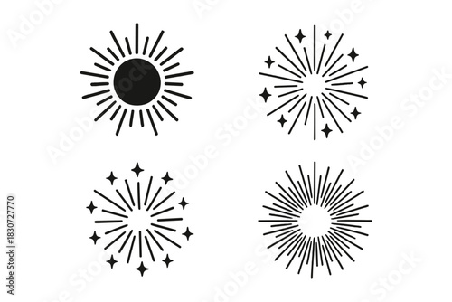 Minimalist set of four sunburst and starburst icons for celestial and bohemian design