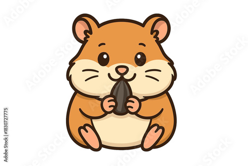 Adorable cartoon hamster character sitting and happily holding a large sunflower seed
