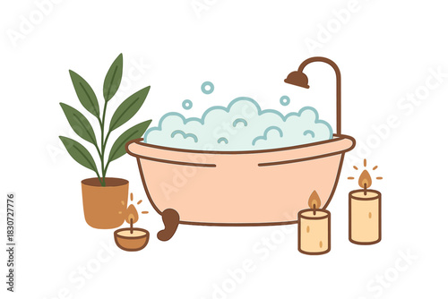 Cozy bathtub scene with bubbles, potted plant, and glowing aromatherapy candles for relaxation and self-care