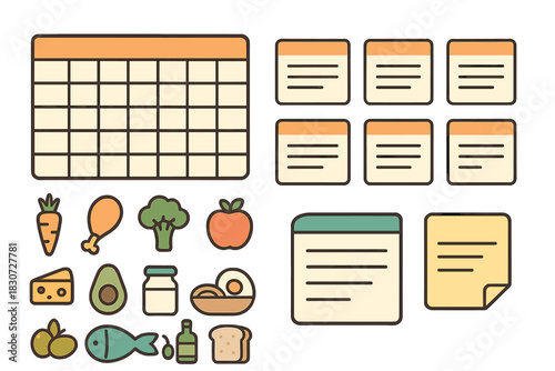 Daily meal planner schedule with healthy food icons and nutrition tracking elements