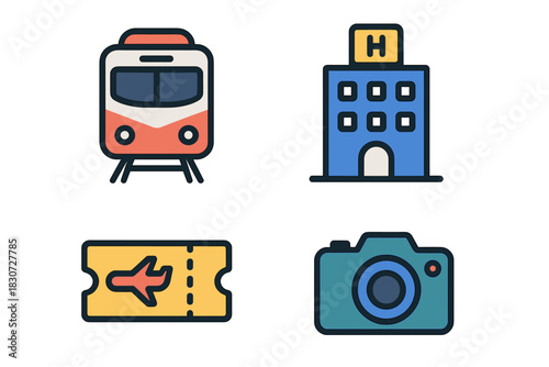 Collection of essential travel and tourism symbols including public transport, lodging, flight, and photography gear