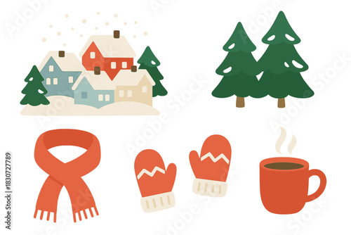Cozy winter scene with snowy houses, evergreen trees, mittens, scarf, and hot drink mug