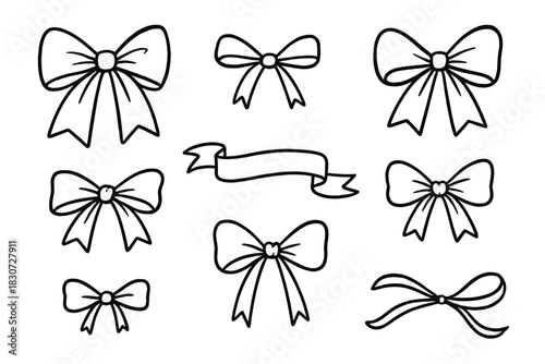 Set of hand drawn outline doodle style decorative bows and blank ribbon banner elements