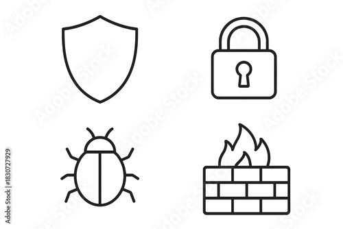Essential cybersecurity line icons featuring shield, padlock, malware, bug, and firewall symbols