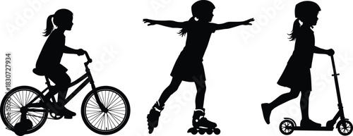 Set of three little girl silhouettes riding bicycle, roller skates and scooter, vector illustration of active child playing outdoors isolated on white