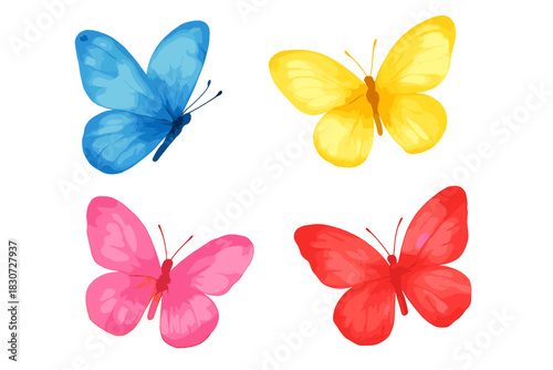 Vibrant flying butterflies in blue, yellow, pink, and red colors isolated on white