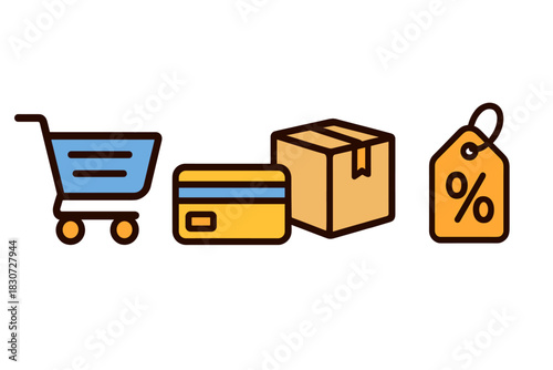 E-commerce transaction symbols: shopping cart, payment card, delivery box, and sale tag
