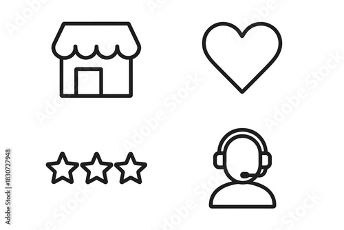 E-commerce and customer experience line icons featuring shop, heart, rating stars, and support agent