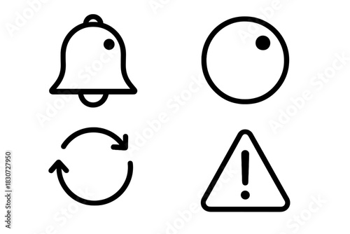 Essential user interface icons set including notification bell refresh and warning sign