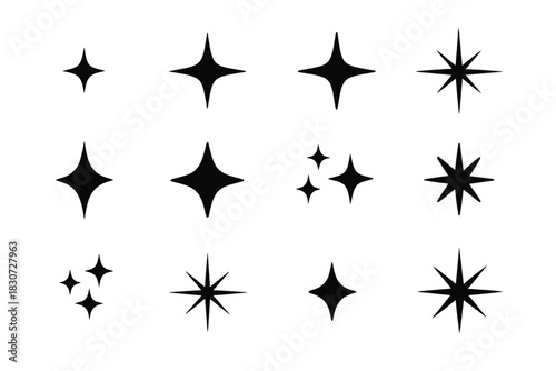Collection of various black sparkle shapes and twinkle stars design elements and decoration