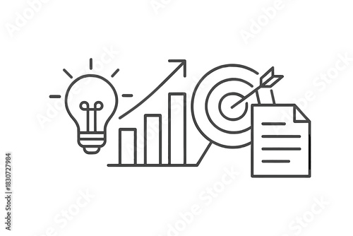 Business strategy concept showing lightbulb idea, bar chart growth, target achievement, and planning document