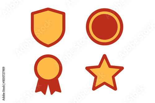 Collection of quality and success emblems including shield, star, medal, and round badge