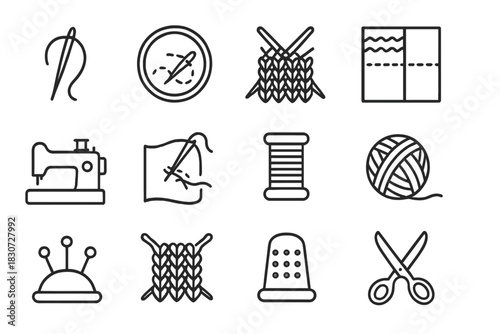 Simple line symbols representing essential tools and supplies for sewing, knitting, and handmade crafts