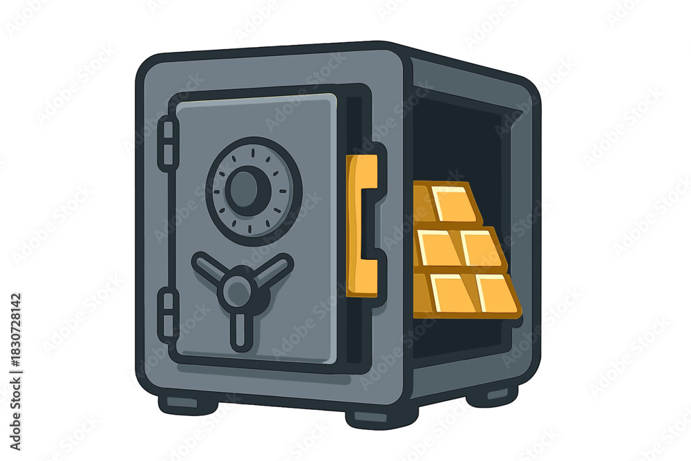 Fototapeta premium Heavy duty security safe open revealing stacks of valuable gold ingots inside