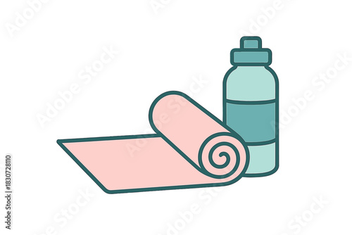 Rolled yoga mat and reusable water bottle, essential fitness equipment for exercise and hydration