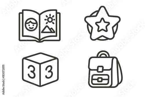 Collection of outline icons representing education, learning, school, and academic concepts