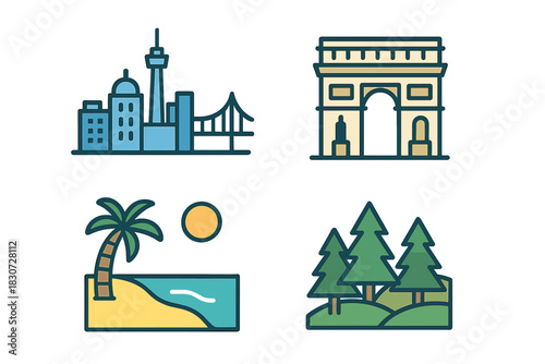 Travel destination symbols showing city skyline, famous monument, tropical beach, and forest